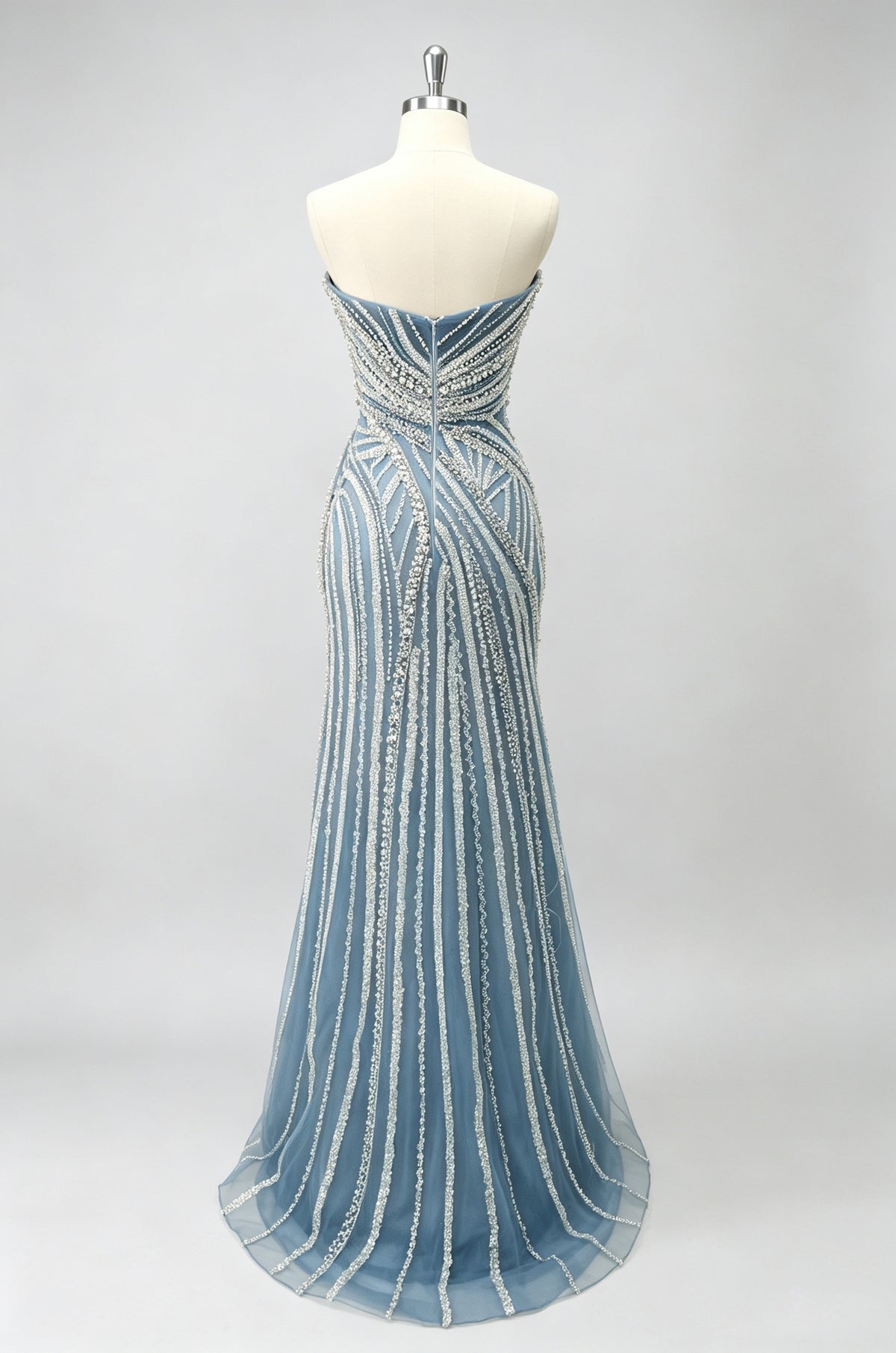 Grey Blue Asymmetrical Draped Beaded Mermaid Prom Dress, Sheer Tulle Train Party Gown