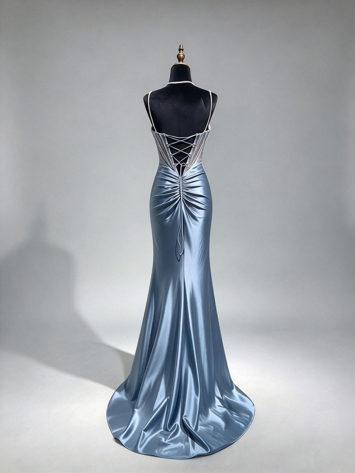 Dusty Blue Spaghetti Straps Mermaid Prom Dress, Beaded Sheer Corset Satin Evening Gown