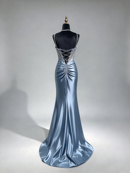 Dusty Blue Spaghetti Straps Mermaid Prom Dress, Beaded Sheer Corset Satin Evening Gown