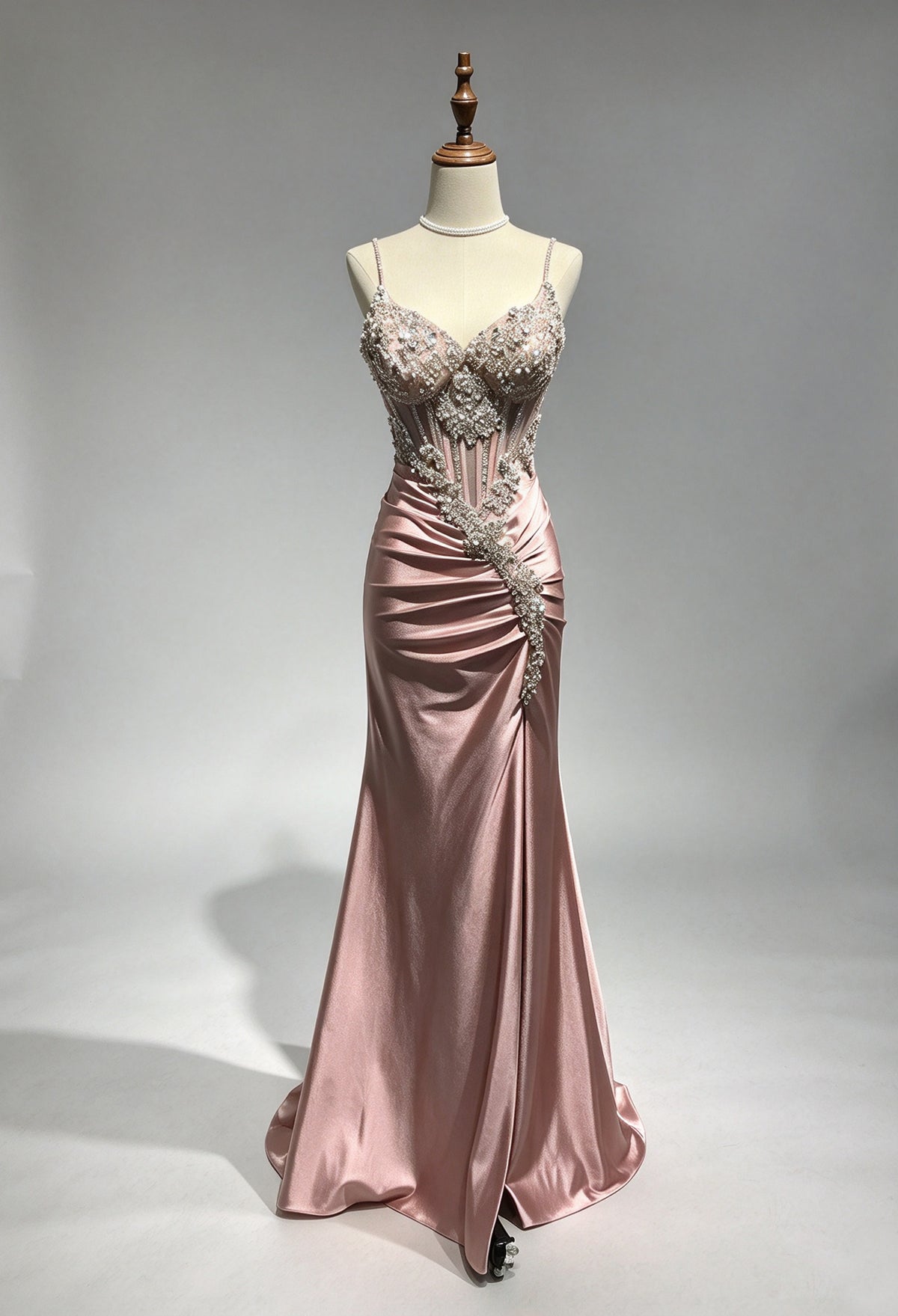Dusty Blue Spaghetti Straps Mermaid Prom Dress, Beaded Sheer Corset Satin Evening Gown
