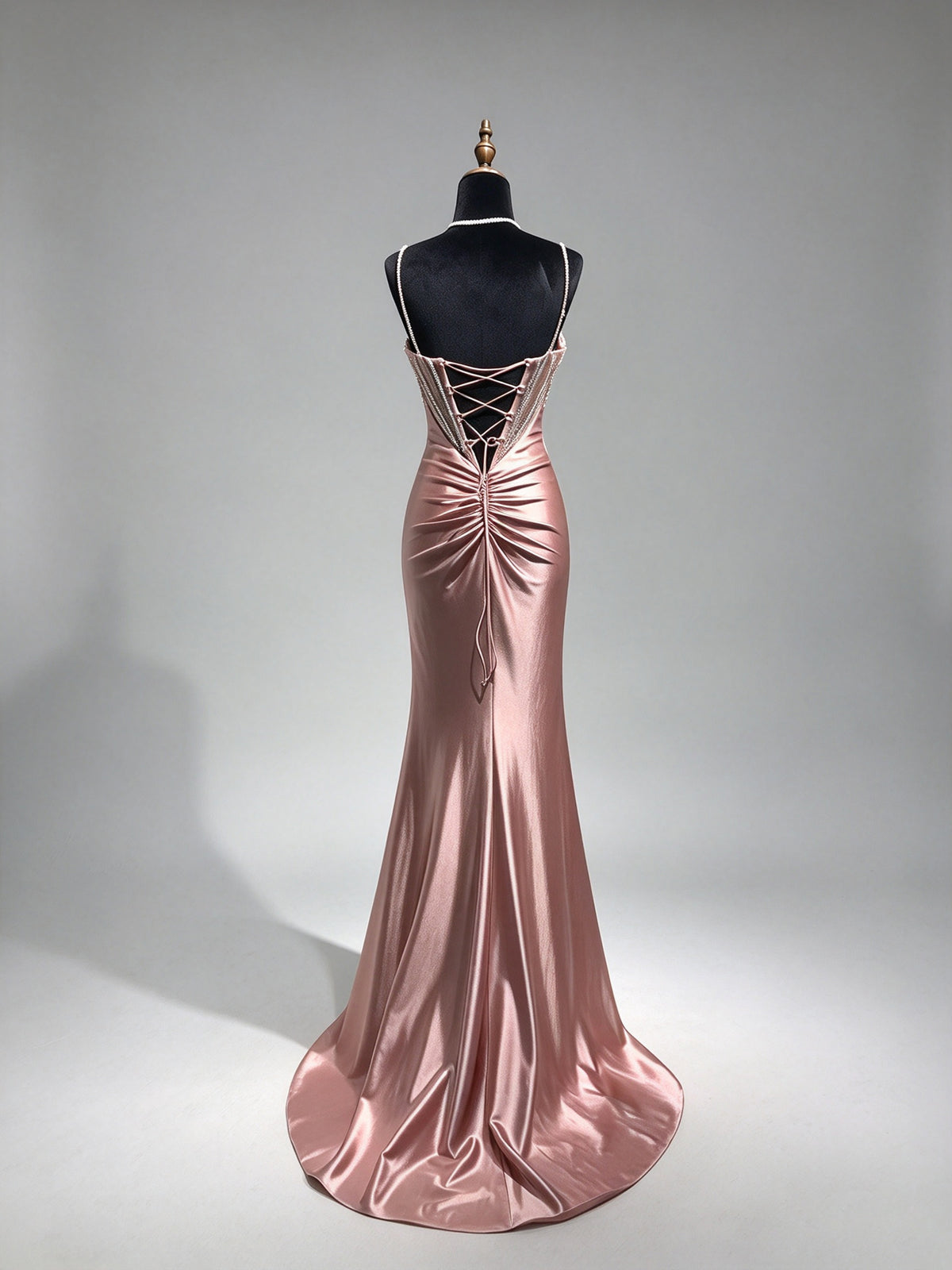 Dusty Blue Spaghetti Straps Mermaid Prom Dress, Beaded Sheer Corset Satin Evening Gown