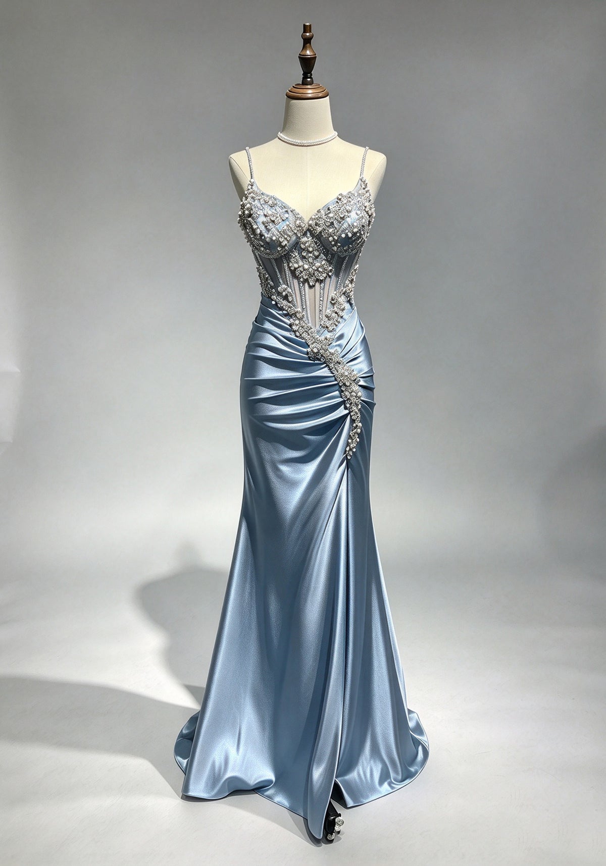 Dusty Blue Spaghetti Straps Mermaid Prom Dress, Beaded Sheer Corset Satin Evening Gown