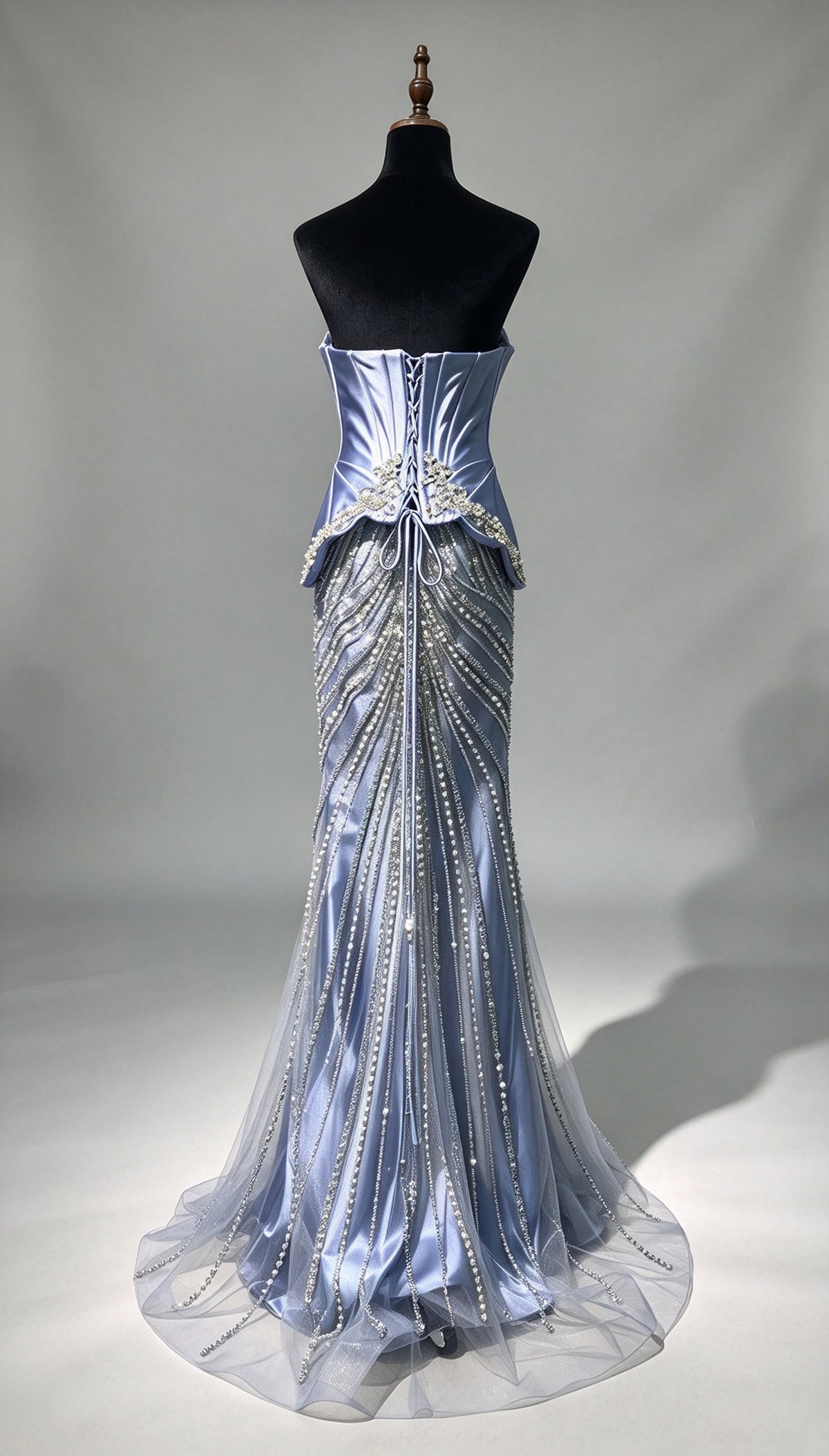 Dusty Blue Satin Strapless Mermaid Evening Gown, Heavy Beaded Tulle Formal Dress