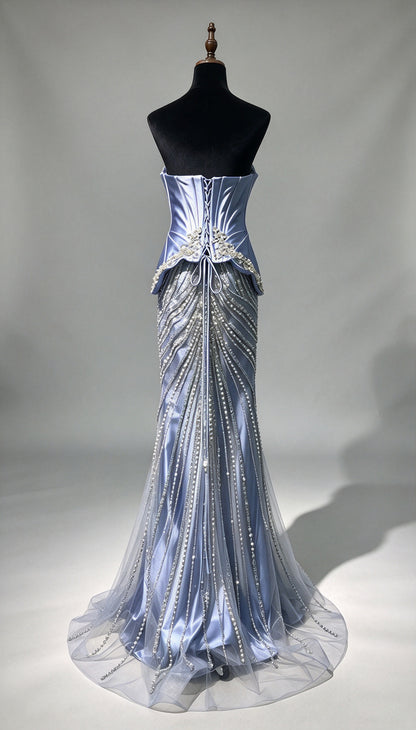 Dusty Blue Satin Strapless Mermaid Evening Gown, Heavy Beaded Tulle Formal Dress