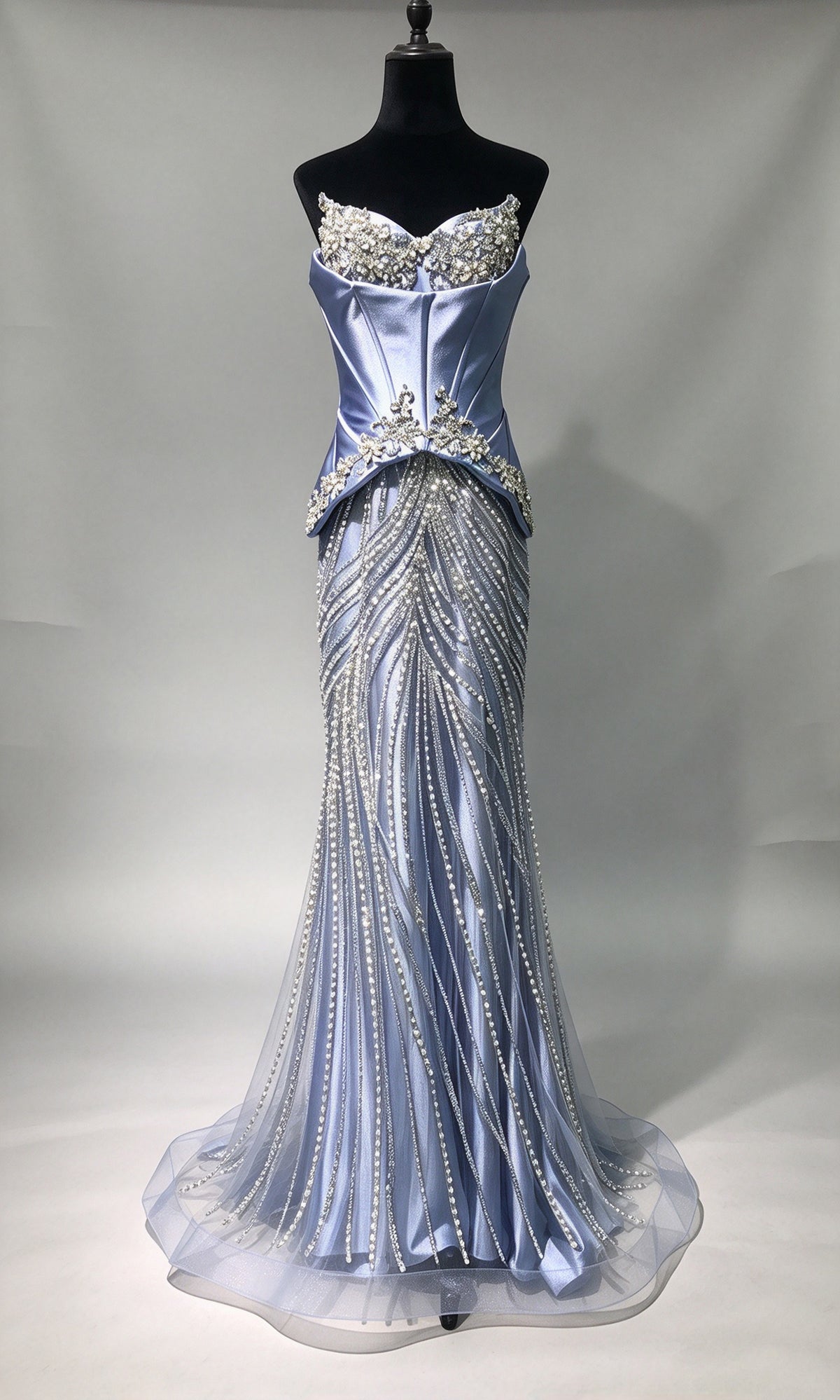 Dusty Blue Satin Strapless Mermaid Evening Gown, Heavy Beaded Tulle Formal Dress