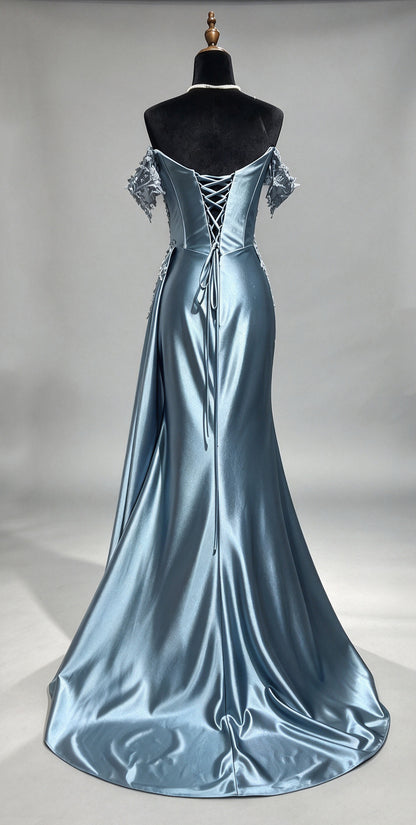 Ice Blue Strapless Sweetheart Satin Mermaid Evening Gown, Sheer Corset Beaded Formal Dress
