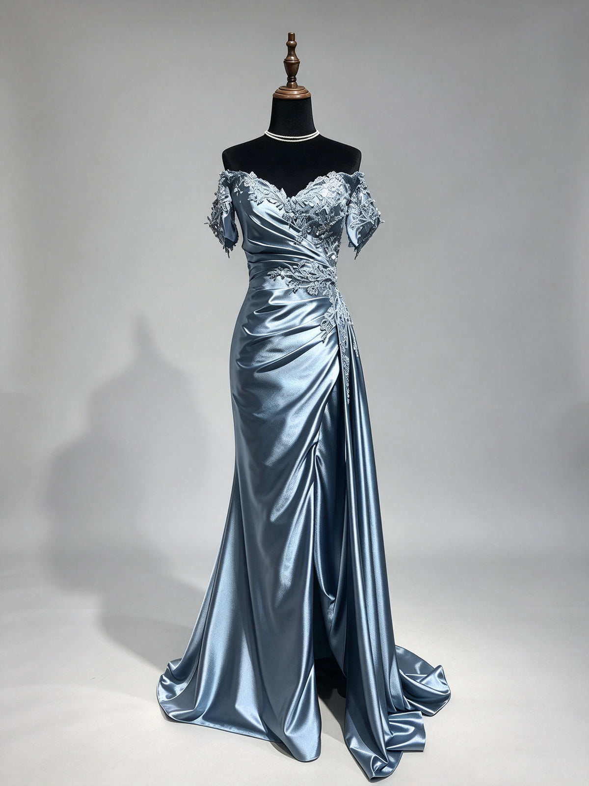 Ice Blue Strapless Sweetheart Satin Mermaid Evening Gown, Sheer Corset Beaded Formal Dress