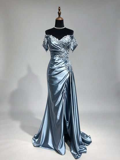 Ice Blue Strapless Sweetheart Satin Mermaid Evening Gown, Sheer Corset Beaded Formal Dress