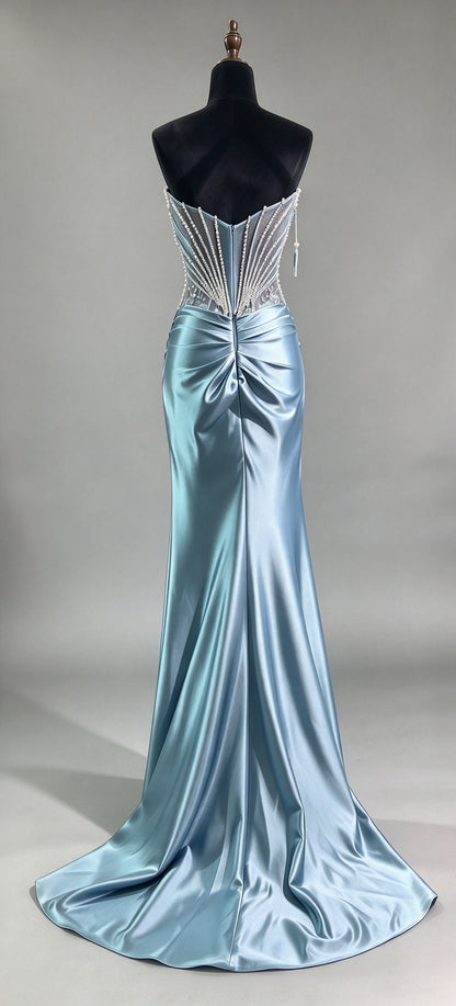 Dusty Blue Off-the-shoulder Short Sleeve Satin Mermaid Evening Dress, Lace Applique Formal Gown