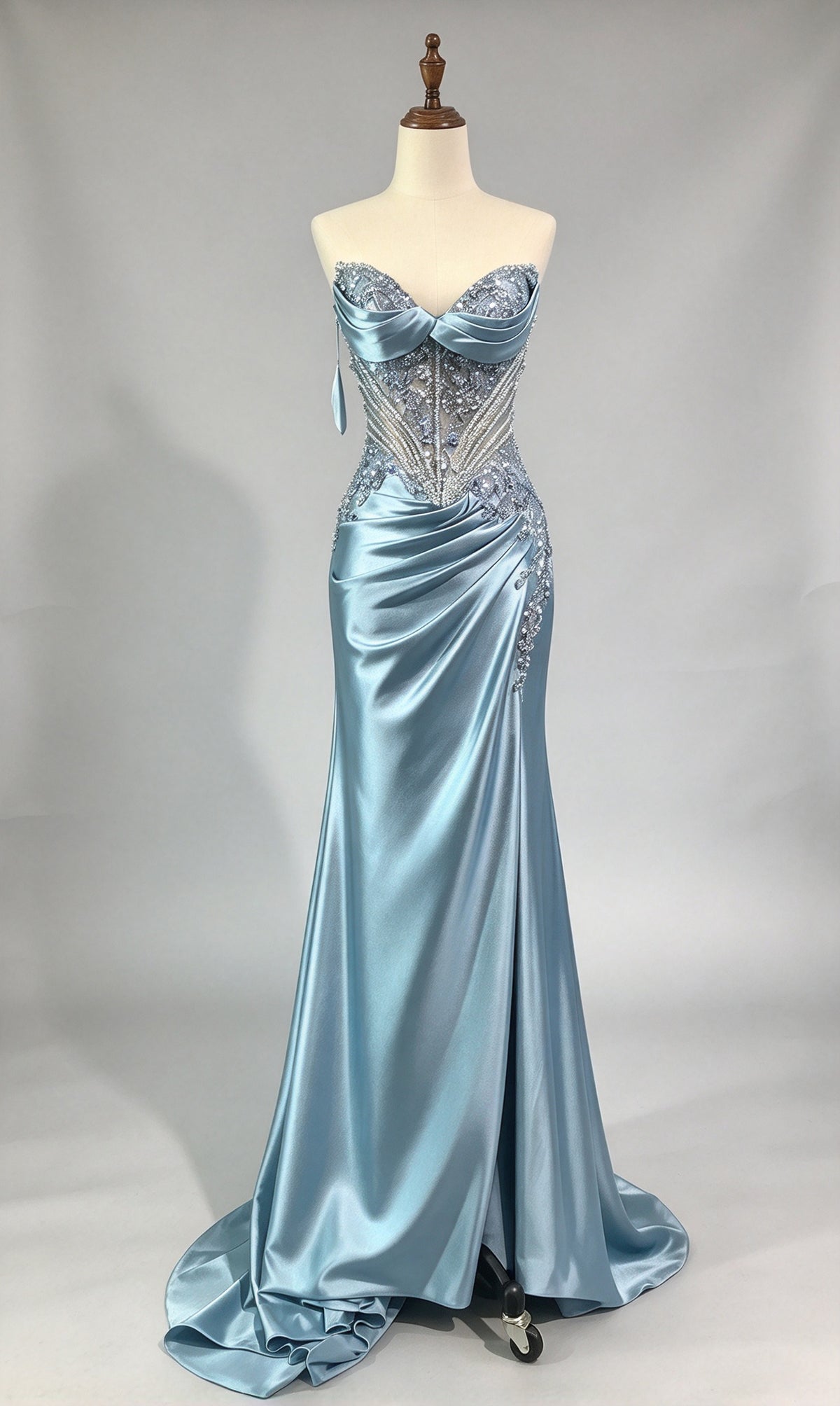 Dusty Blue Off-the-shoulder Short Sleeve Satin Mermaid Evening Dress, Lace Applique Formal Gown