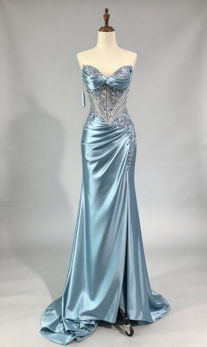 Dusty Blue Off-the-shoulder Short Sleeve Satin Mermaid Evening Dress, Lace Applique Formal Gown