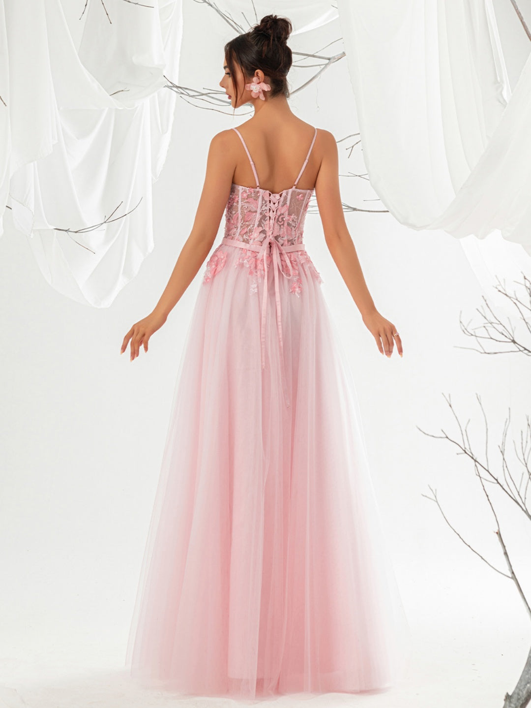 Blush Pink Spaghetti Strap 3D Floral Lace Corset Tulle Evening Dress, Long Formal Gown