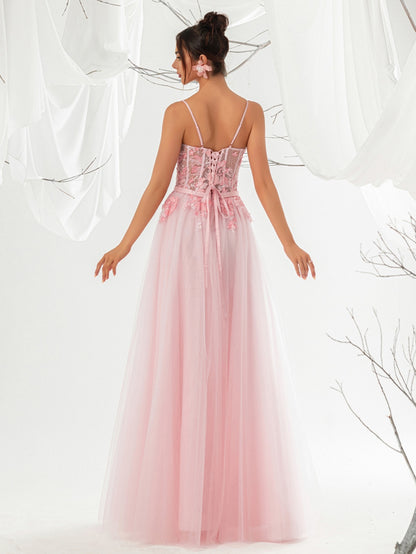 Blush Pink Spaghetti Strap 3D Floral Lace Corset Tulle Evening Dress, Long Formal Gown