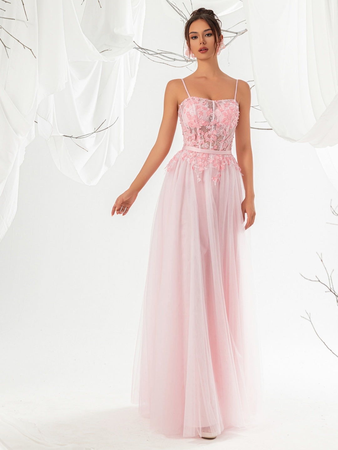 Blush Pink Spaghetti Strap 3D Floral Lace Corset Tulle Evening Dress, Long Formal Gown