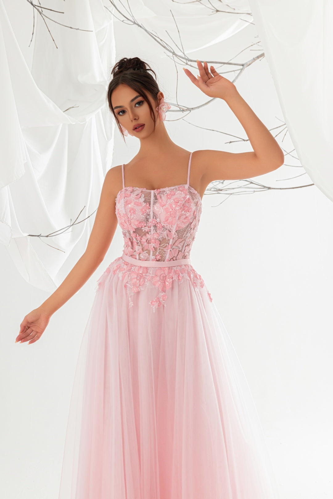 Blush Pink Spaghetti Strap 3D Floral Lace Corset Tulle Evening Dress, Long Formal Gown