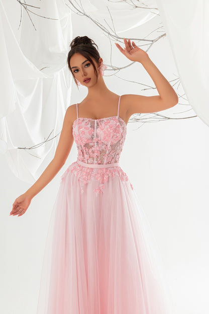 Blush Pink Spaghetti Strap 3D Floral Lace Corset Tulle Evening Dress, Long Formal Gown