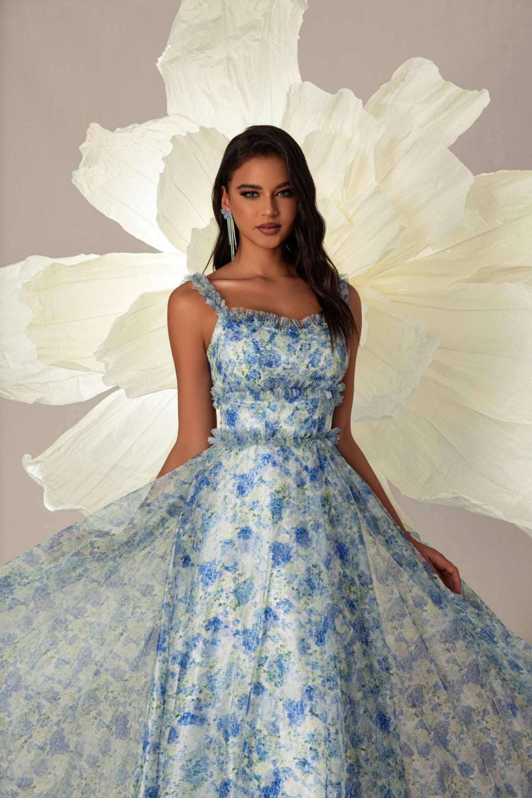 Blue Floral Print Ruffled Strap Tulle A-Line Formal Dress, Floor Length Wedding Guest Gown