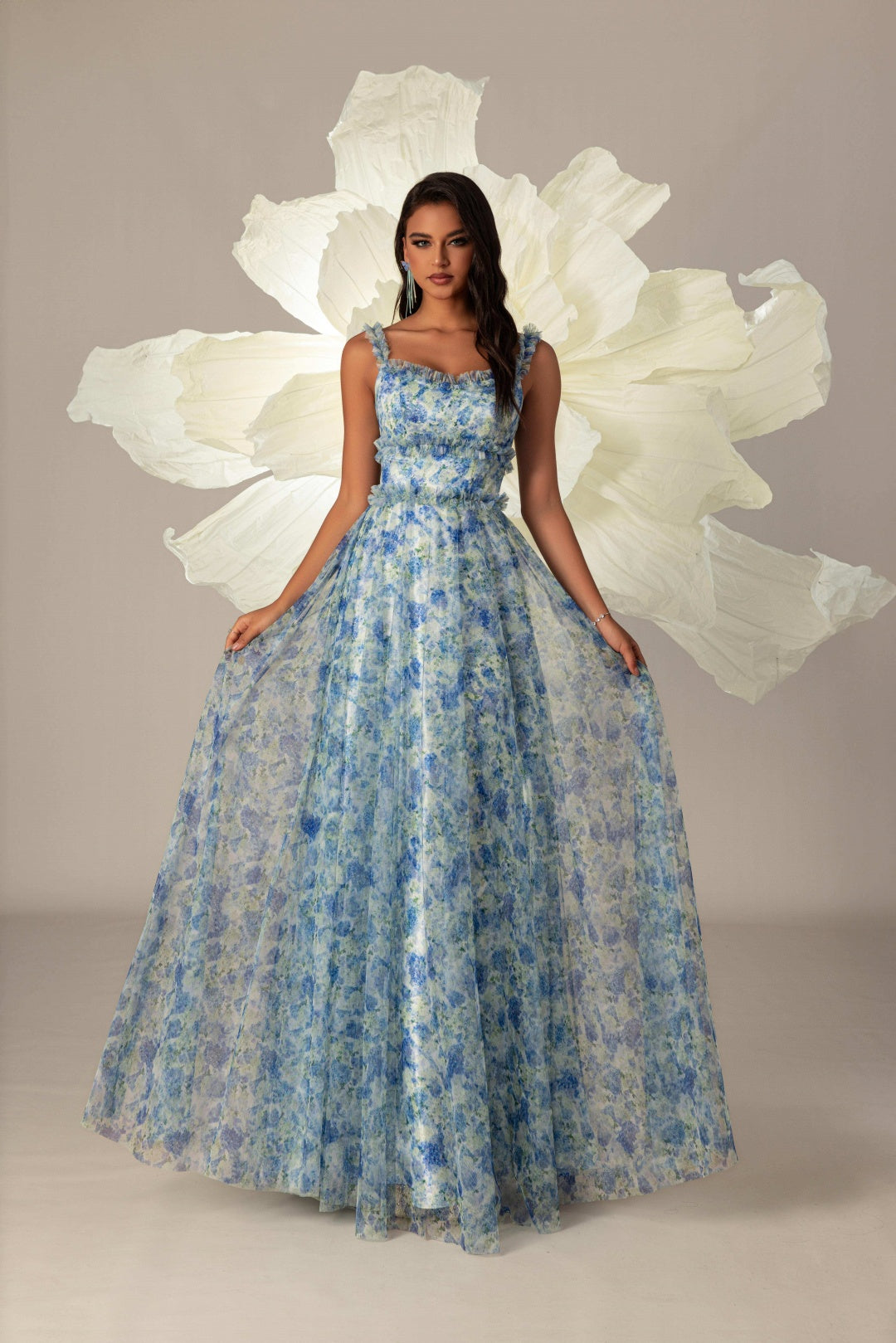 Blue Floral Print Ruffled Strap Tulle A-Line Formal Dress, Floor Length Wedding Guest Gown