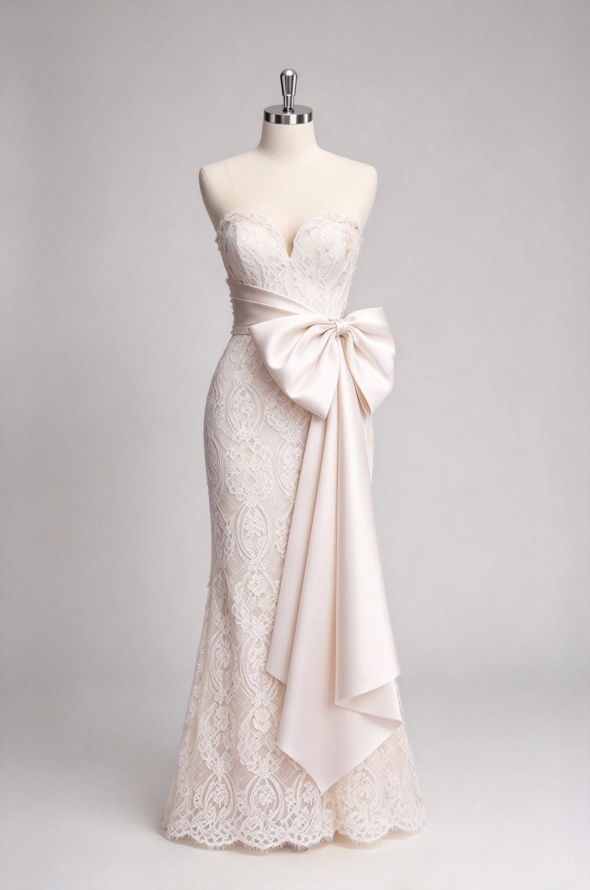 Strapless Sweetheart Lace Mermaid Wedding Dress with Large Satin Bow