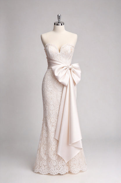 Strapless Sweetheart Lace Mermaid Wedding Dress with Large Satin Bow