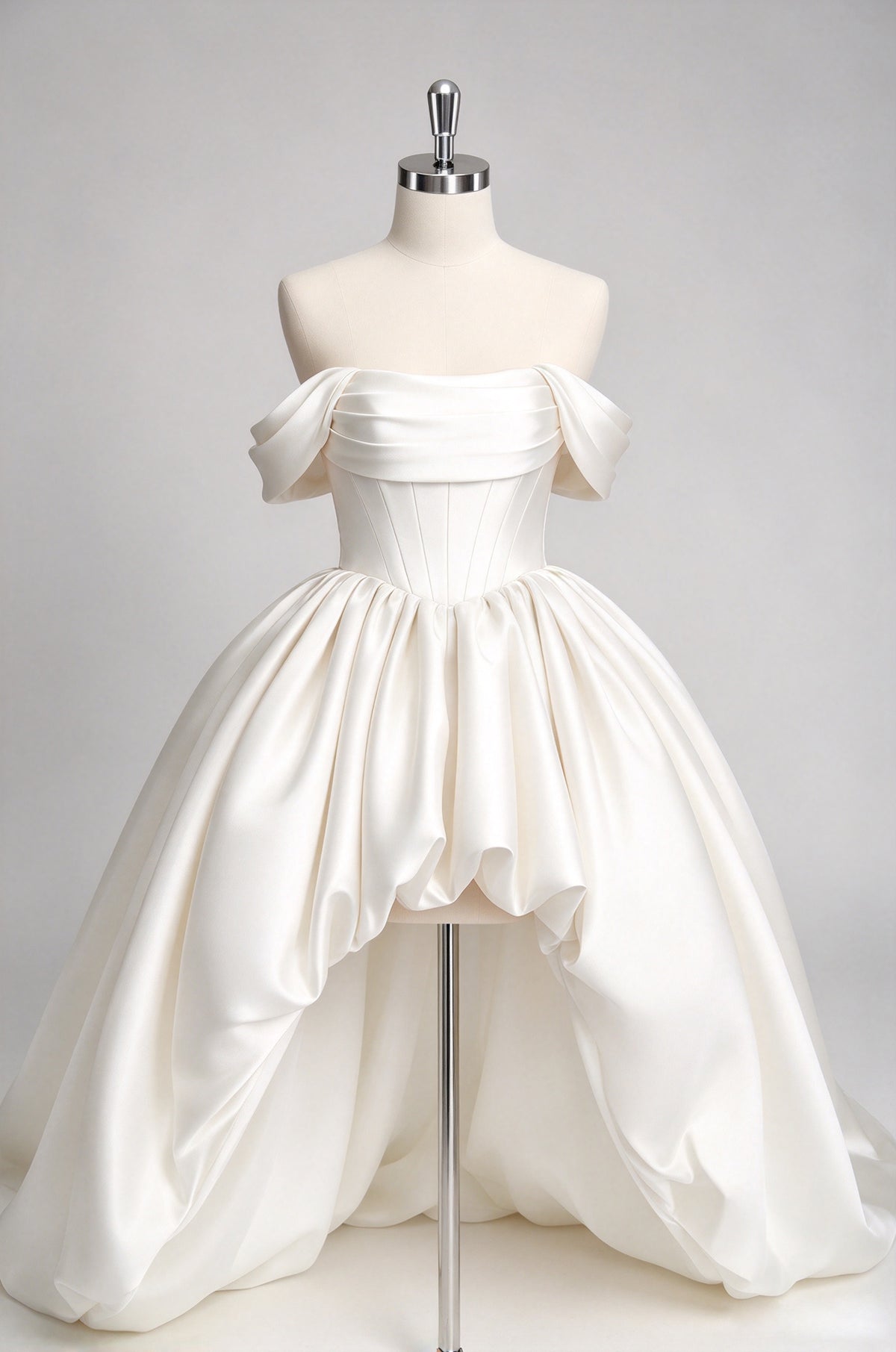 Off-the-shoulder Satin Ballgown Wedding Dress, Corset High Low Bridal Gown