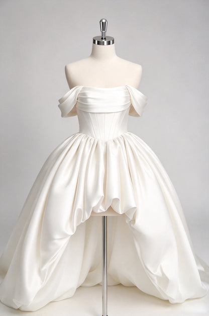 Off-the-shoulder Satin Ballgown Wedding Dress, Corset High Low Bridal Gown