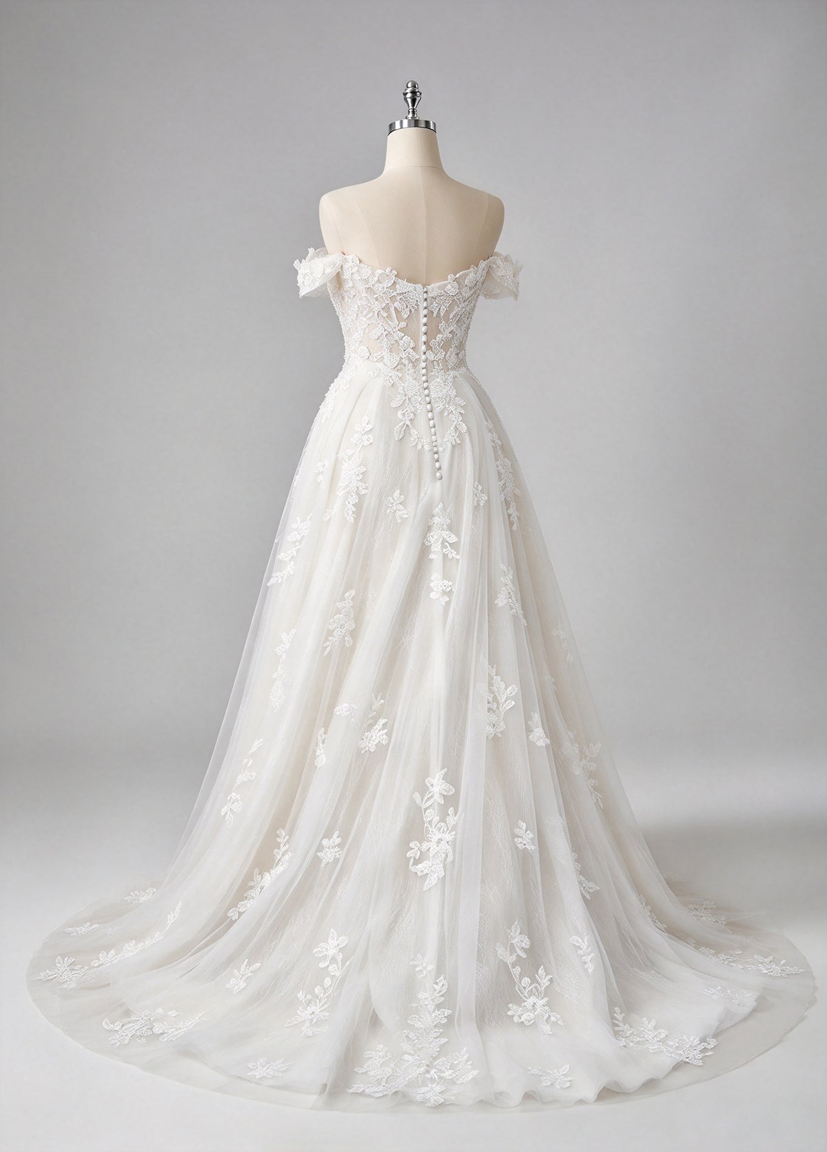 Off-the-shoulder Floral Lace A-line Tulle Wedding Dress, Corset Bridal Gown