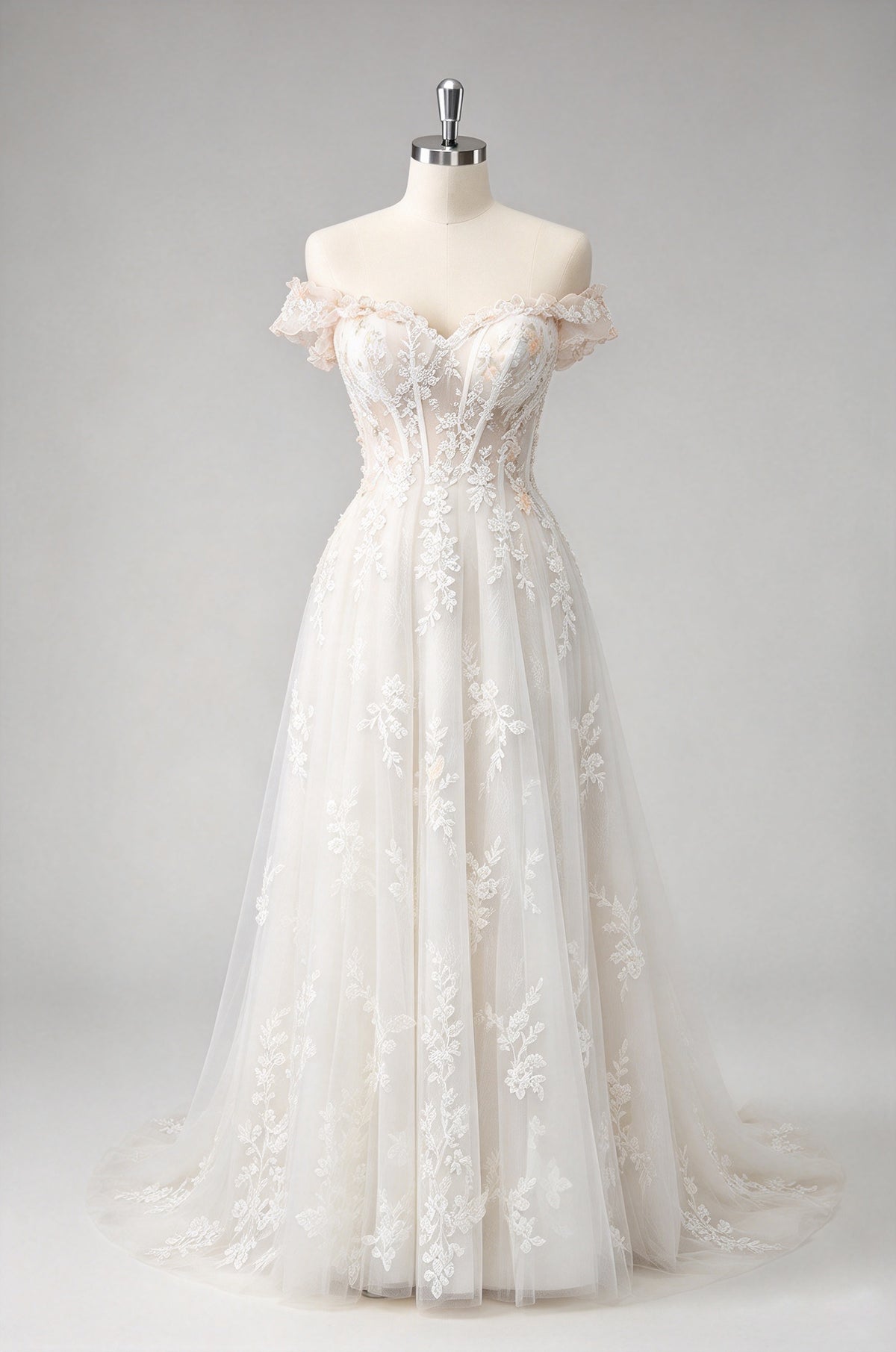 Off-the-shoulder Floral Lace A-line Tulle Wedding Dress, Corset Bridal Gown