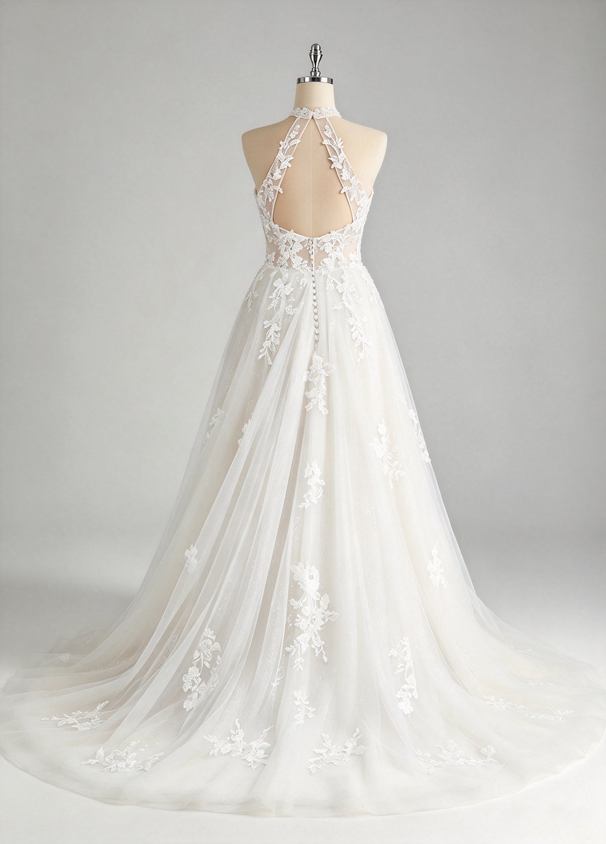 V-neck Spaghetti Straps Lace A-line Wedding Dress, High Slit Tulle Bridal Gown