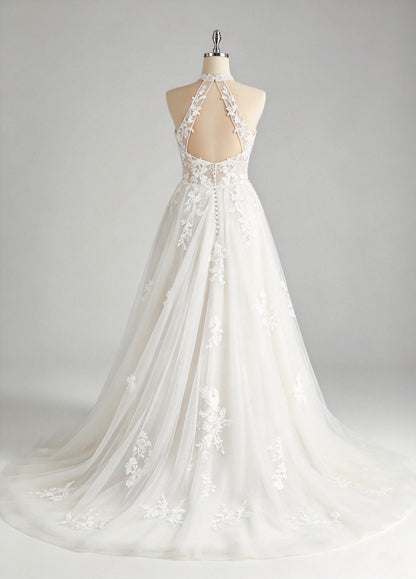 V-neck Spaghetti Straps Lace A-line Wedding Dress, High Slit Tulle Bridal Gown