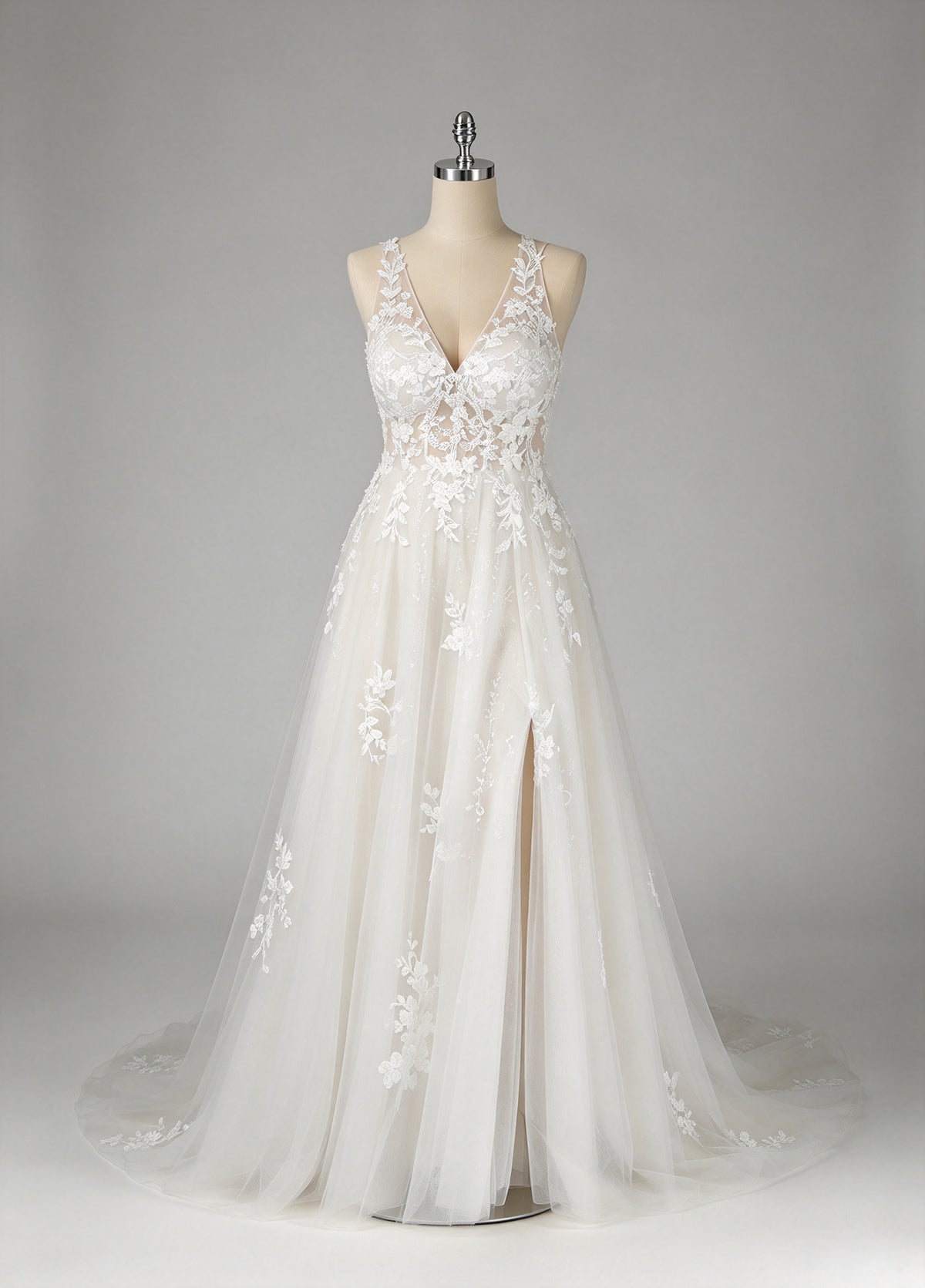 V-neck Spaghetti Straps Lace A-line Wedding Dress, High Slit Tulle Bridal Gown