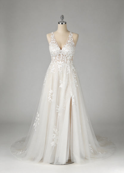 V-neck Spaghetti Straps Lace A-line Wedding Dress, High Slit Tulle Bridal Gown
