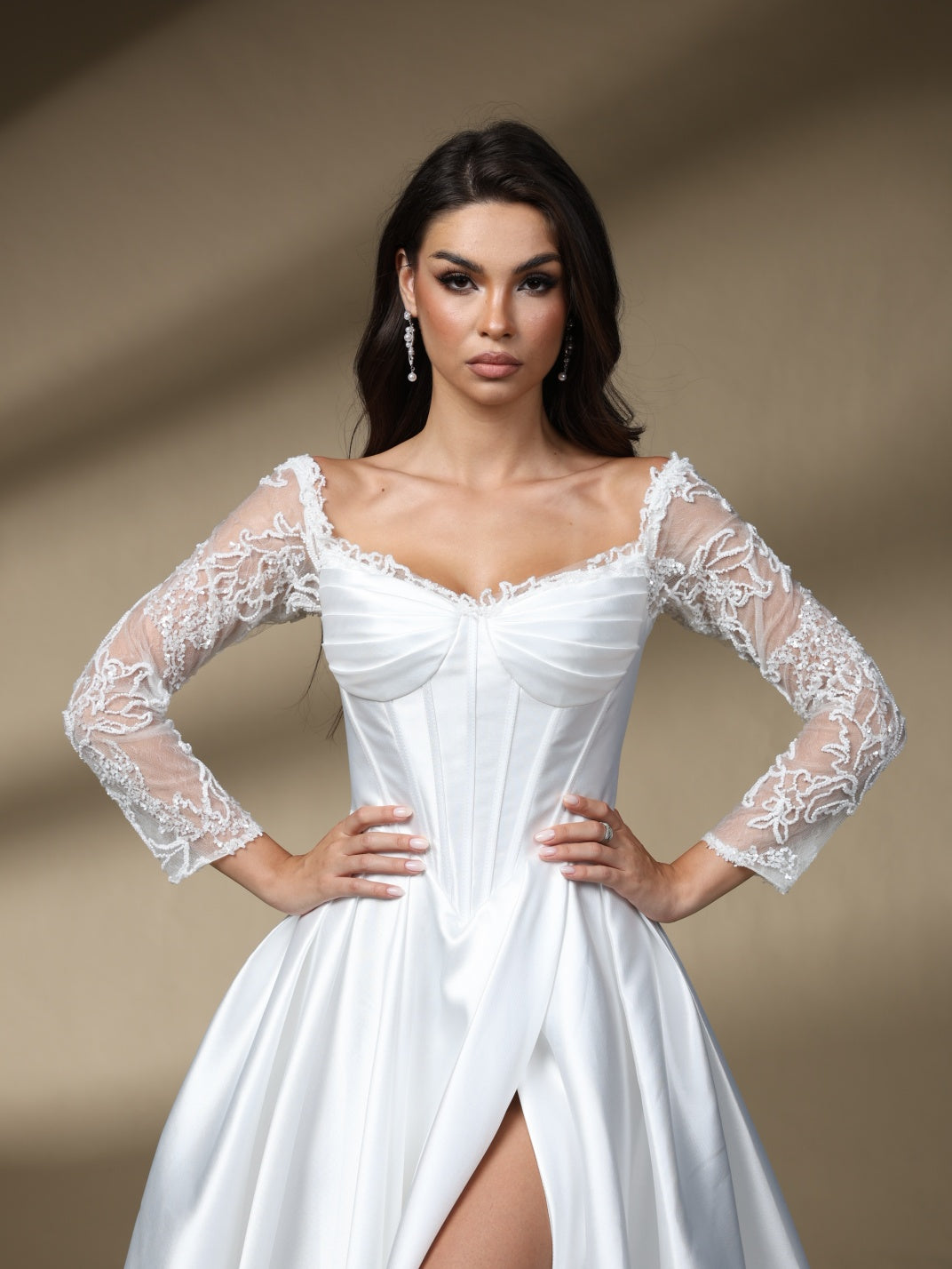Off The Shoulder Long Lace Sleeve Satin Wedding Dress, Corset Slit A Line Bridal Gown