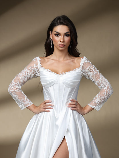 Off The Shoulder Long Lace Sleeve Satin Wedding Dress, Corset Slit A Line Bridal Gown