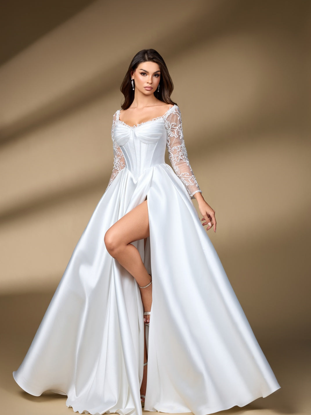 Off The Shoulder Long Lace Sleeve Satin Wedding Dress, Corset Slit A Line Bridal Gown