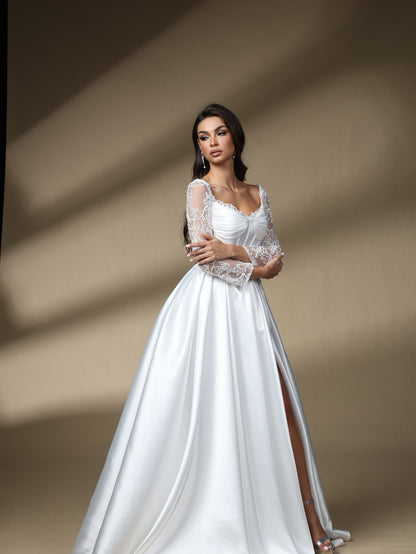 Off The Shoulder Long Lace Sleeve Satin Wedding Dress, Corset Slit A Line Bridal Gown
