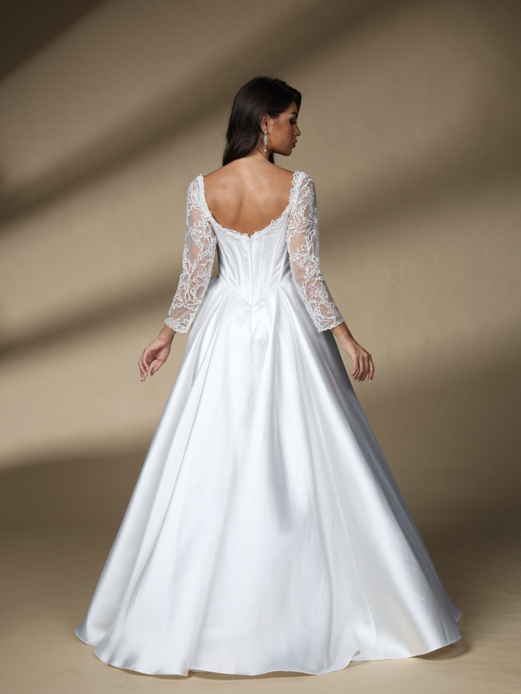 Off The Shoulder Long Lace Sleeve Satin Wedding Dress, Corset Slit A Line Bridal Gown
