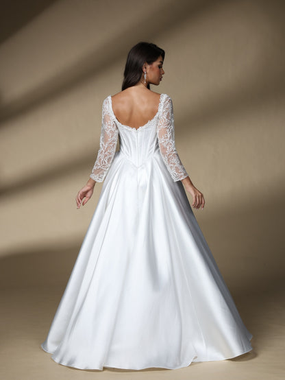 Off The Shoulder Long Lace Sleeve Satin Wedding Dress, Corset Slit A Line Bridal Gown