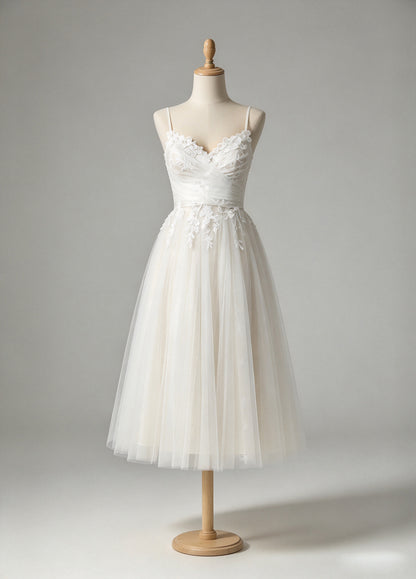 White Spaghetti Strap Lace Midi Tulle Bridal Dress