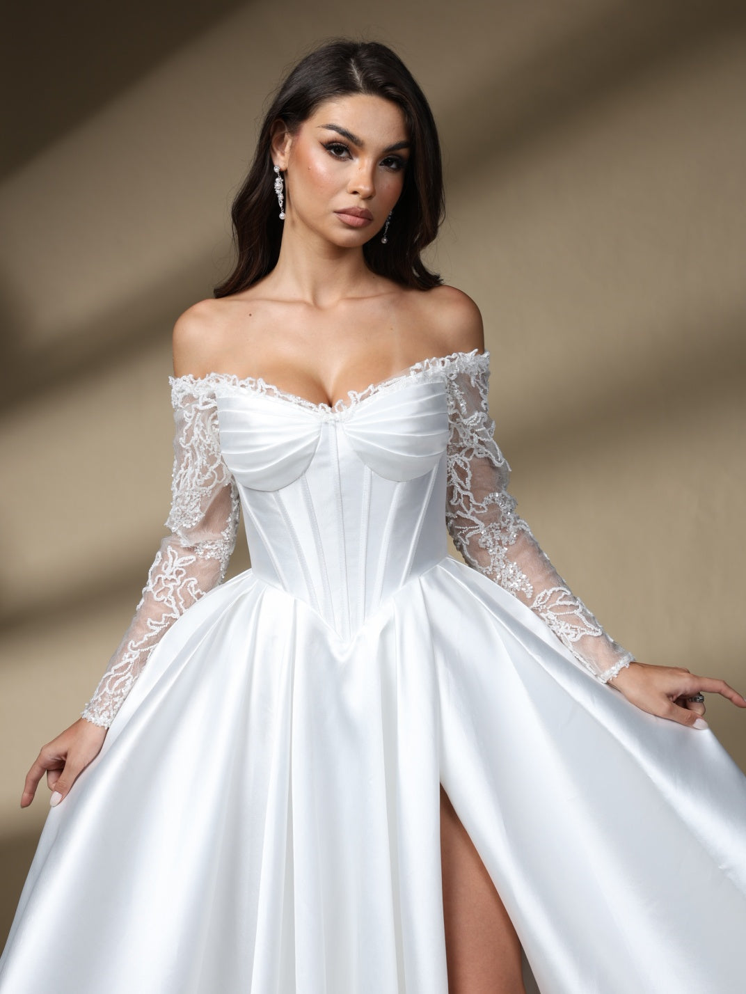 Off The Shoulder Long Lace Sleeve Satin Wedding Dress, Corset Slit A Line Bridal Gown