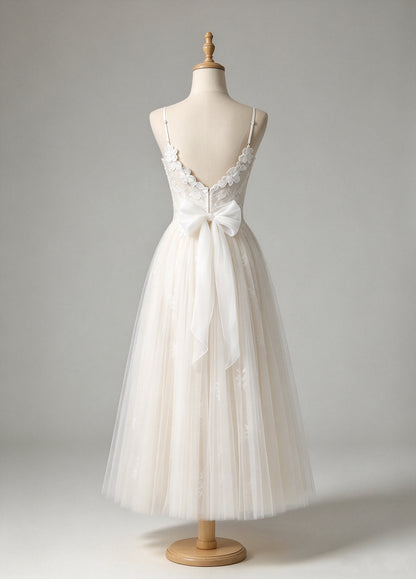 White Spaghetti Strap Lace Midi Tulle Bridal Dress