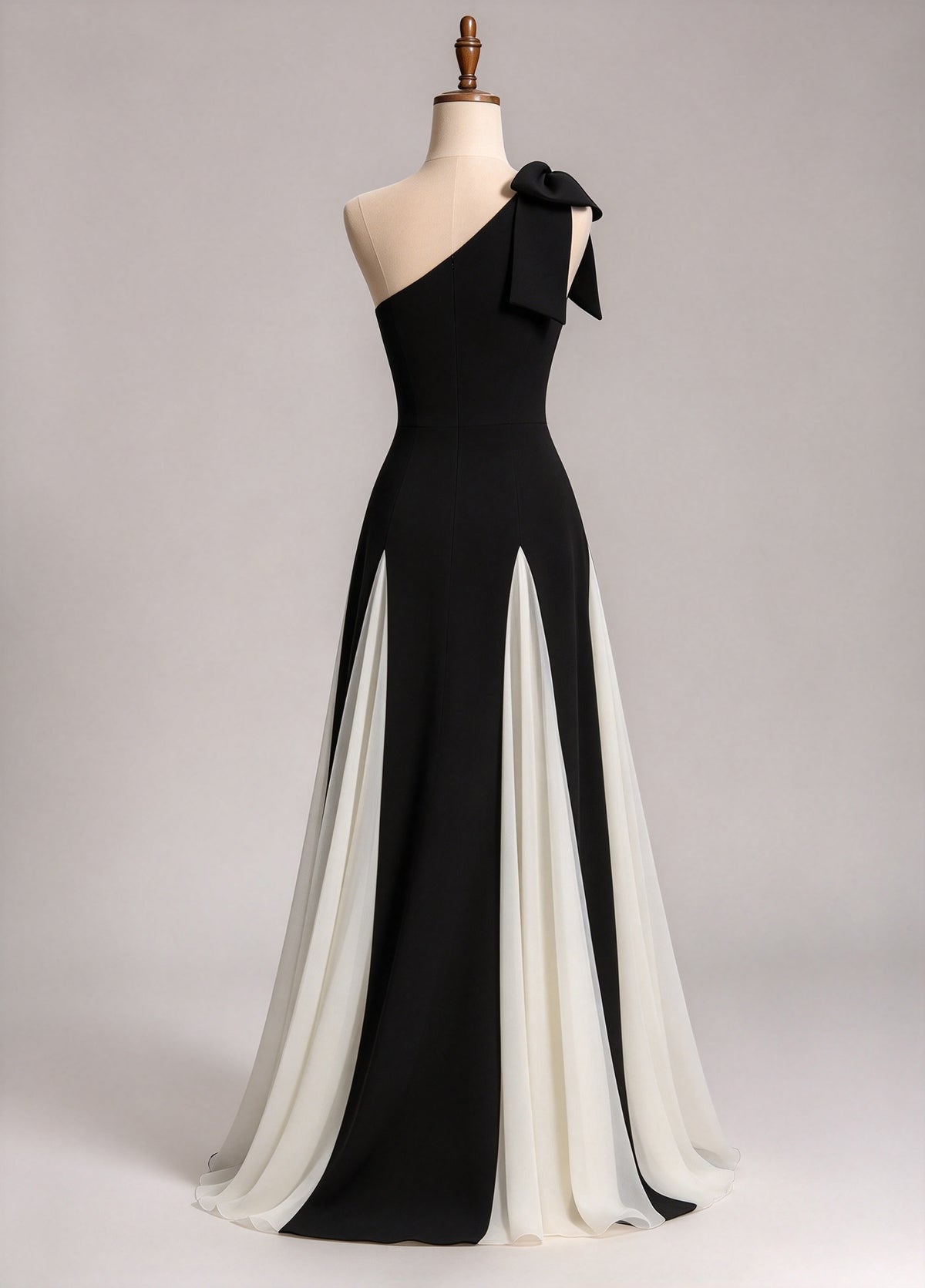 ne Shoulder Black & Ivory Chiffon A-Line Evening Gown with Shoulder Bow