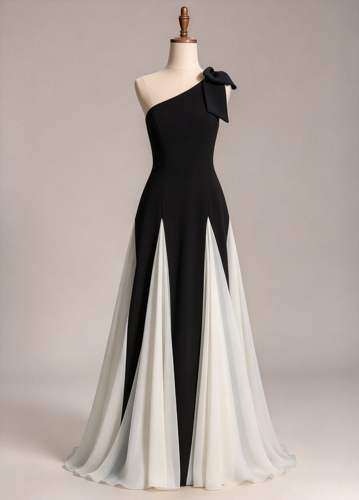 ne Shoulder Black & Ivory Chiffon A-Line Evening Gown with Shoulder Bow