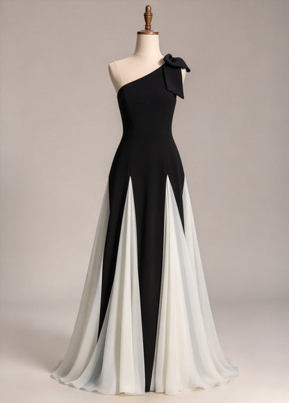 ne Shoulder Black & Ivory Chiffon A-Line Evening Gown with Shoulder Bow