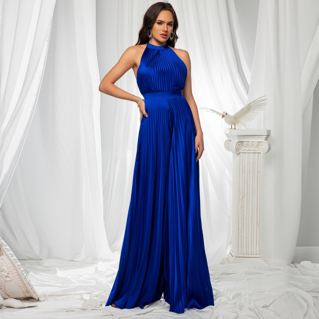 Royal Blue Halter Neck Pleated Satin Formal Jumpsuit, Sleeveless Evening Party Romper