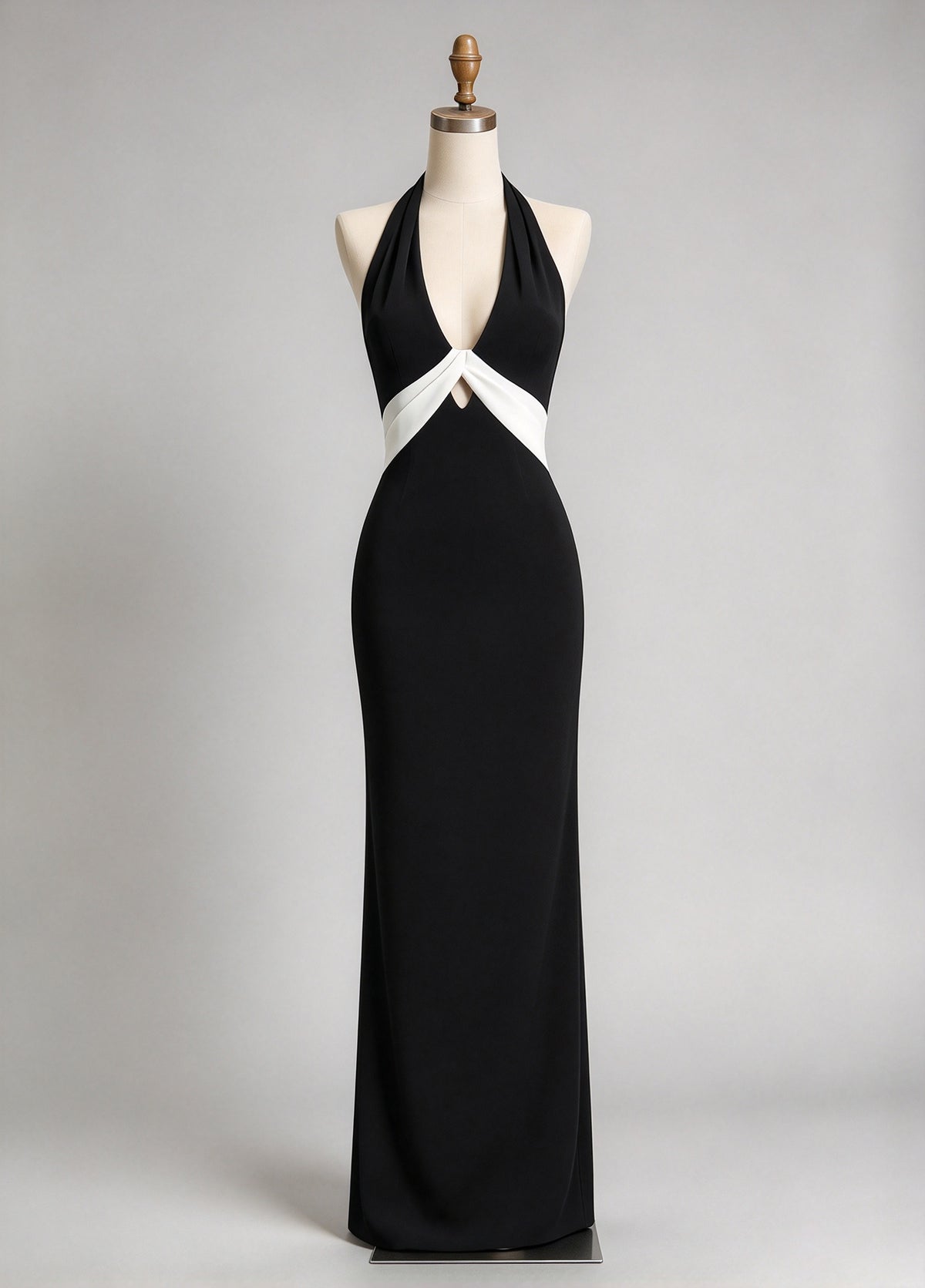 Halter Deep V Black Mermaid Evening Gown with White Waist Color Block