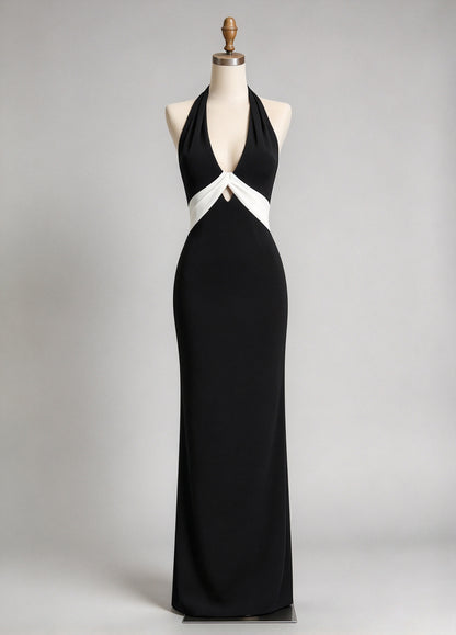 Halter Deep V Black Mermaid Evening Gown with White Waist Color Block
