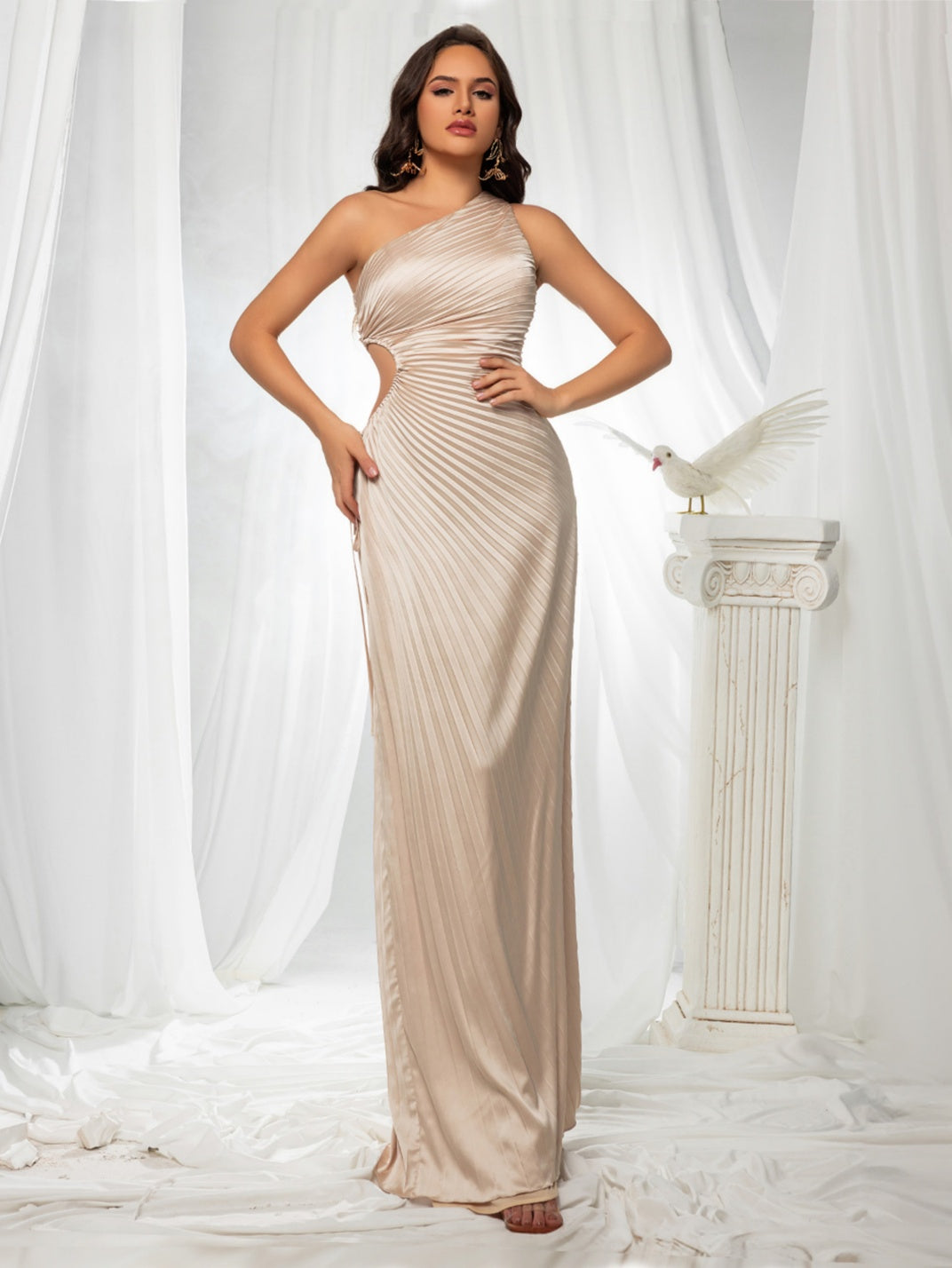 One Shoulder Pleated Satin Evening Gown, Waist Cutout Mermaid Formal Maxi Dress