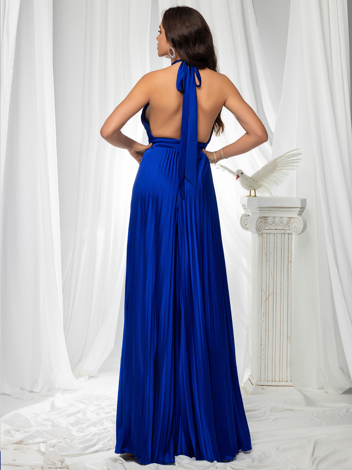 Royal Blue Halter Neck Pleated Satin Formal Jumpsuit, Sleeveless Evening Party Romper