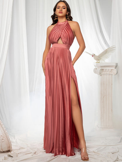 Halter Cutout Pleated Satin Maxi Dress, High Slit Formal Evening Gown For Prom
